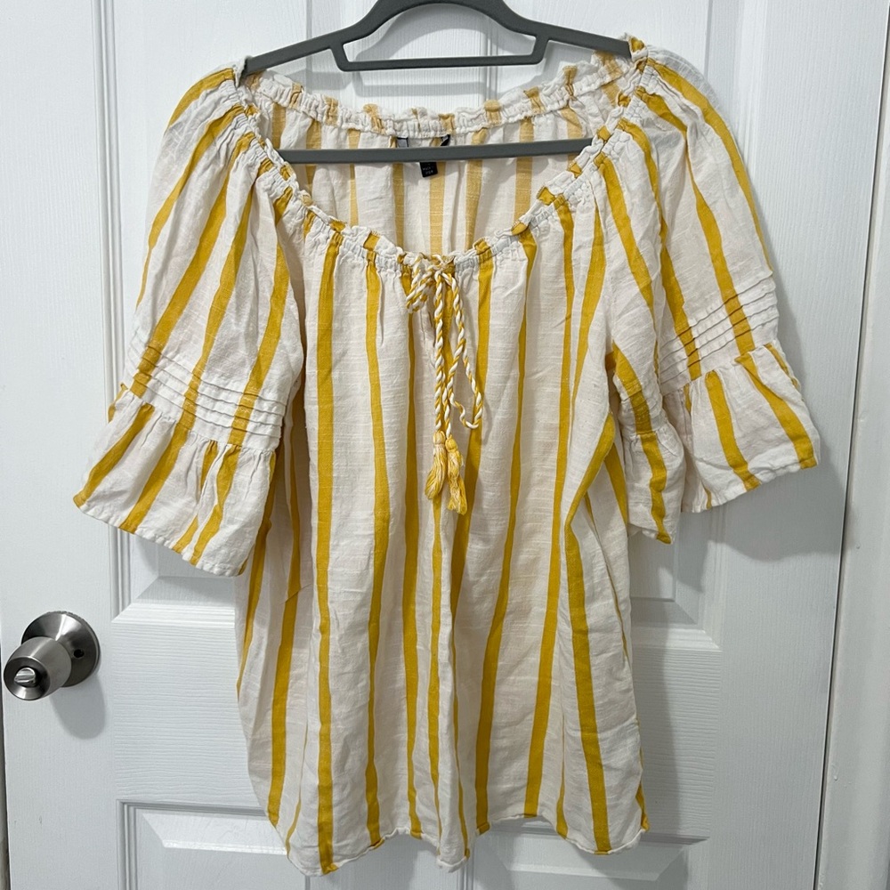 Unique Spectrum Yellow Striped tie front Women's cotton Top